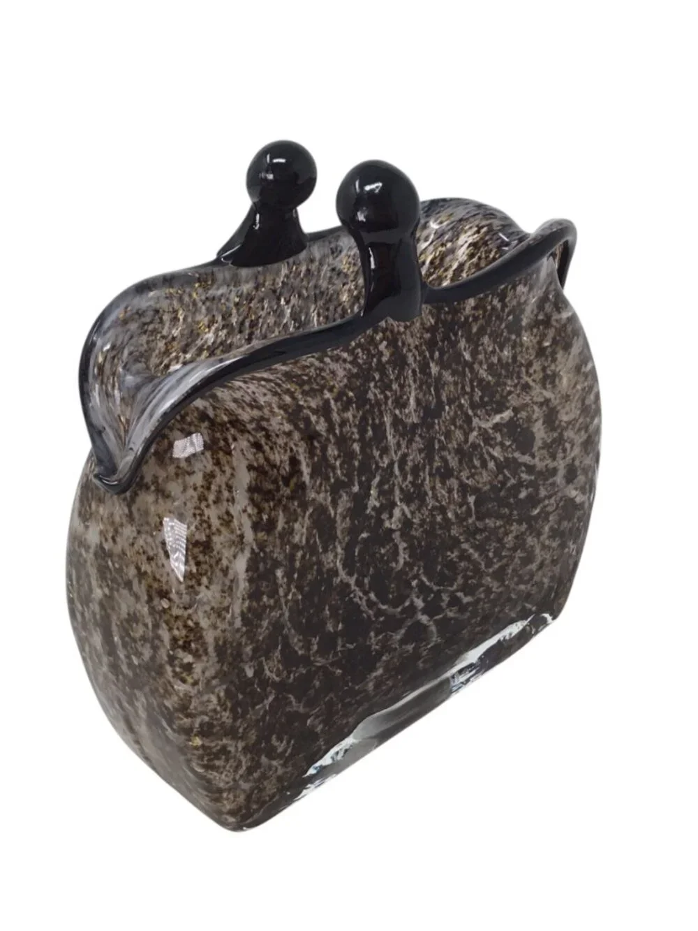 Hand Blown Art Glass Vase Purse Shape Kiss Clasp Brown Mottled